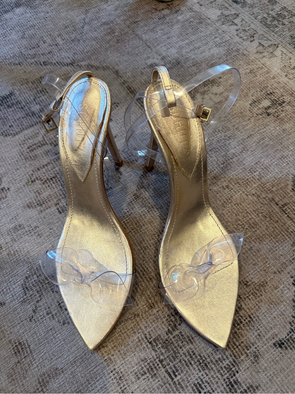 Schultz Gold Pointed-Toe Heels with Clear Straps